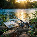 Kit de pesca Tio Pigui montado sobre pedras na margem de um rio ao fim da tarde