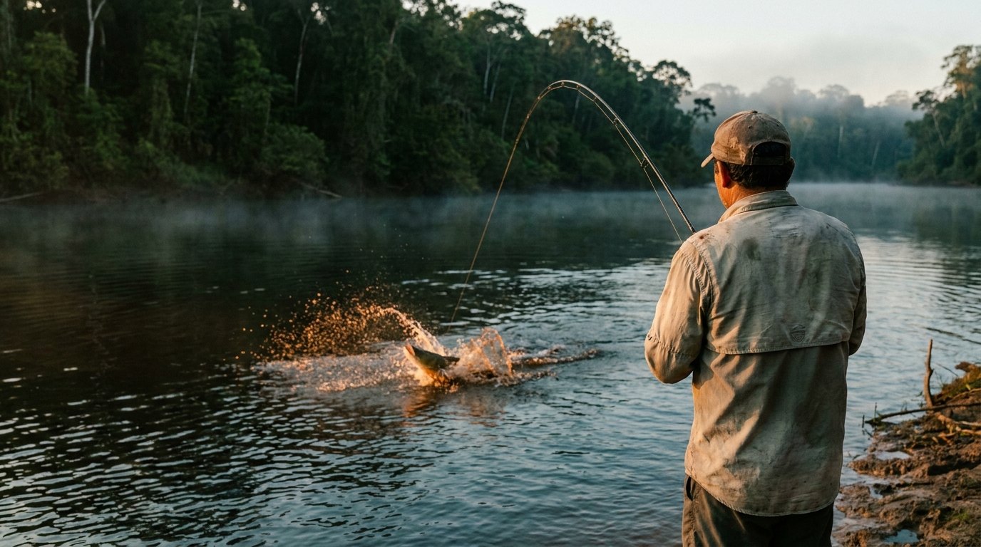 Pescador em plena briga com peixe no rio ao amanhecer
