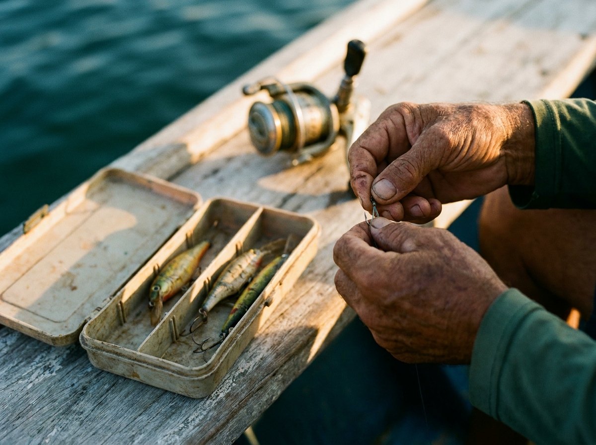 Mãos de pescador a atar o anzol, caixa de amostras ao lado