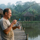 Pescador brigando com um peixe usando o Molinete Shimano Stradic FM