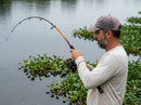Vara Daiwa Cygnus BG LR em uso: brigando com o peixe, vara arqueada